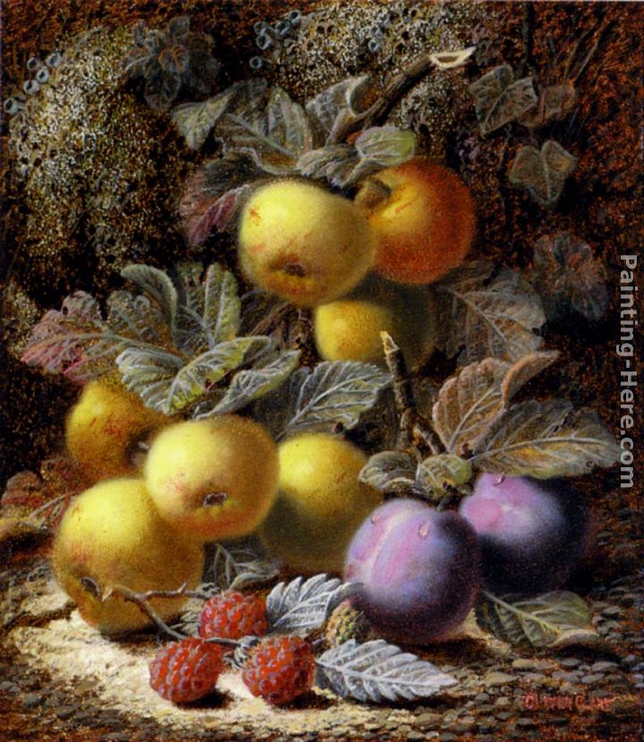 Still Life with Apples, Plums and Raspberries on a Mossy Bank painting - Oliver Clare Still Life with Apples, Plums and Raspberries on a Mossy Bank art painting